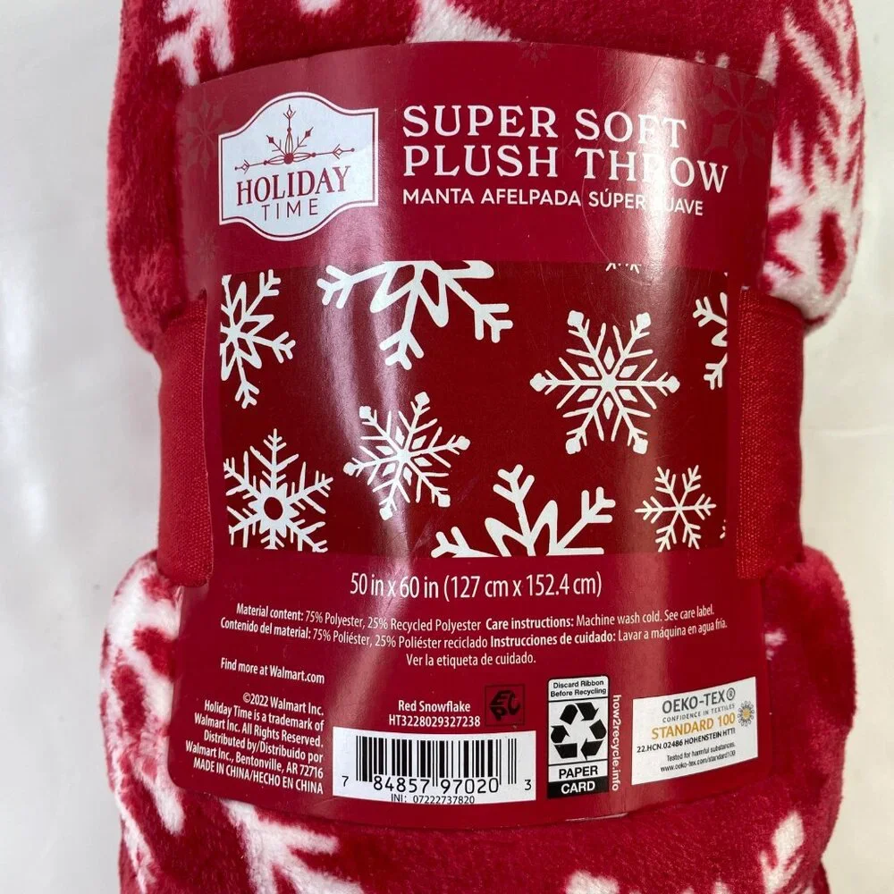 Holiday Time Super Soft Plush Throw Red White Snowflake Pattern 50